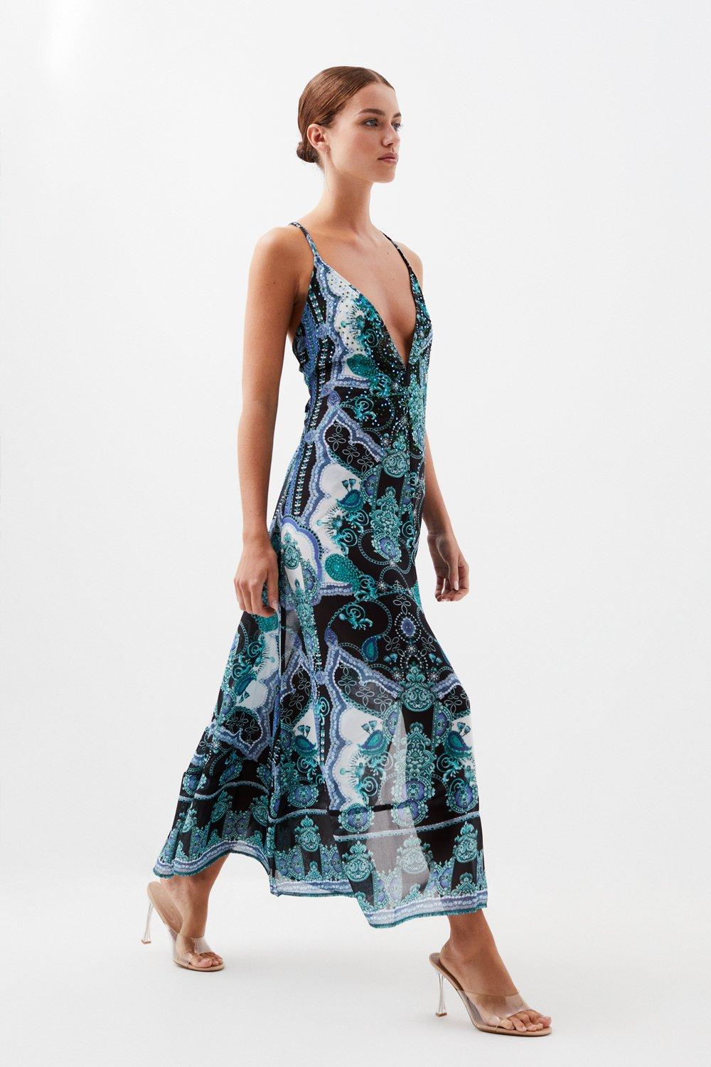 Petite Embellished Mirrored Print Strappy Maxi Beach Dress
