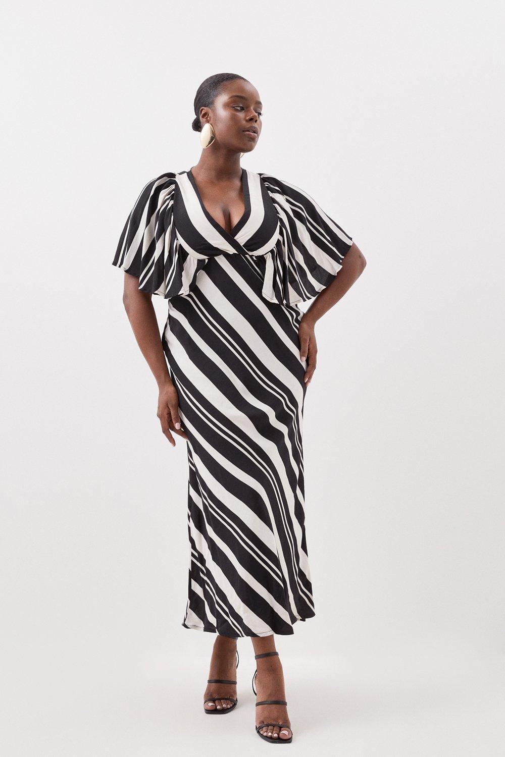 Plus Size Striped Angel Sleeve Woven Midi Dress
