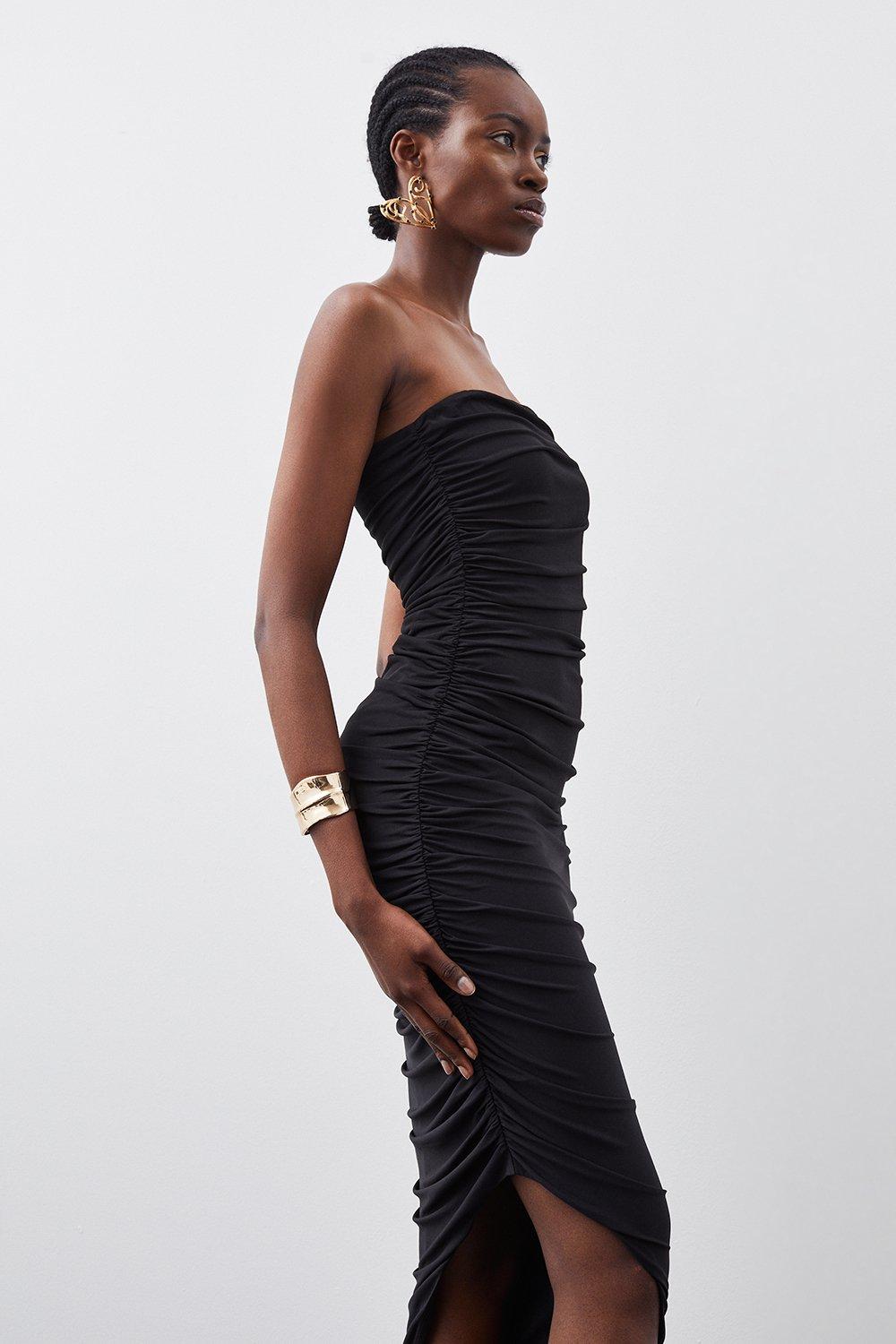 Jersey Crepe Ruched Detail Asymetric Midi Dress