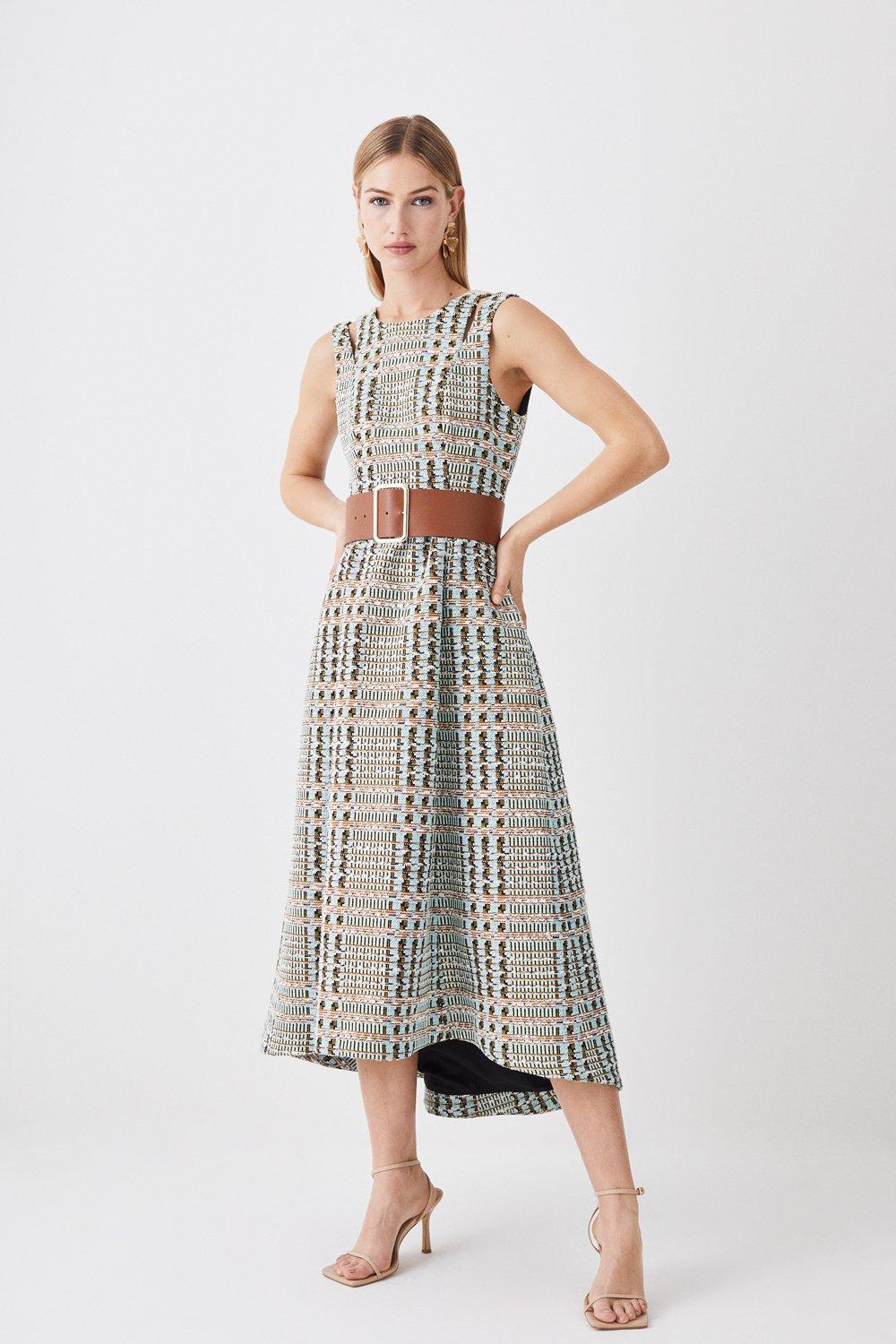 french cotton tweed seam detail belted midaxi dress