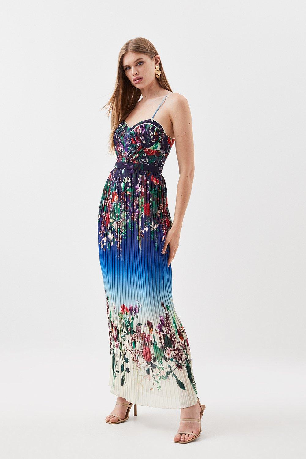 Pleat Detail Floral Strappy Woven Midi Dress