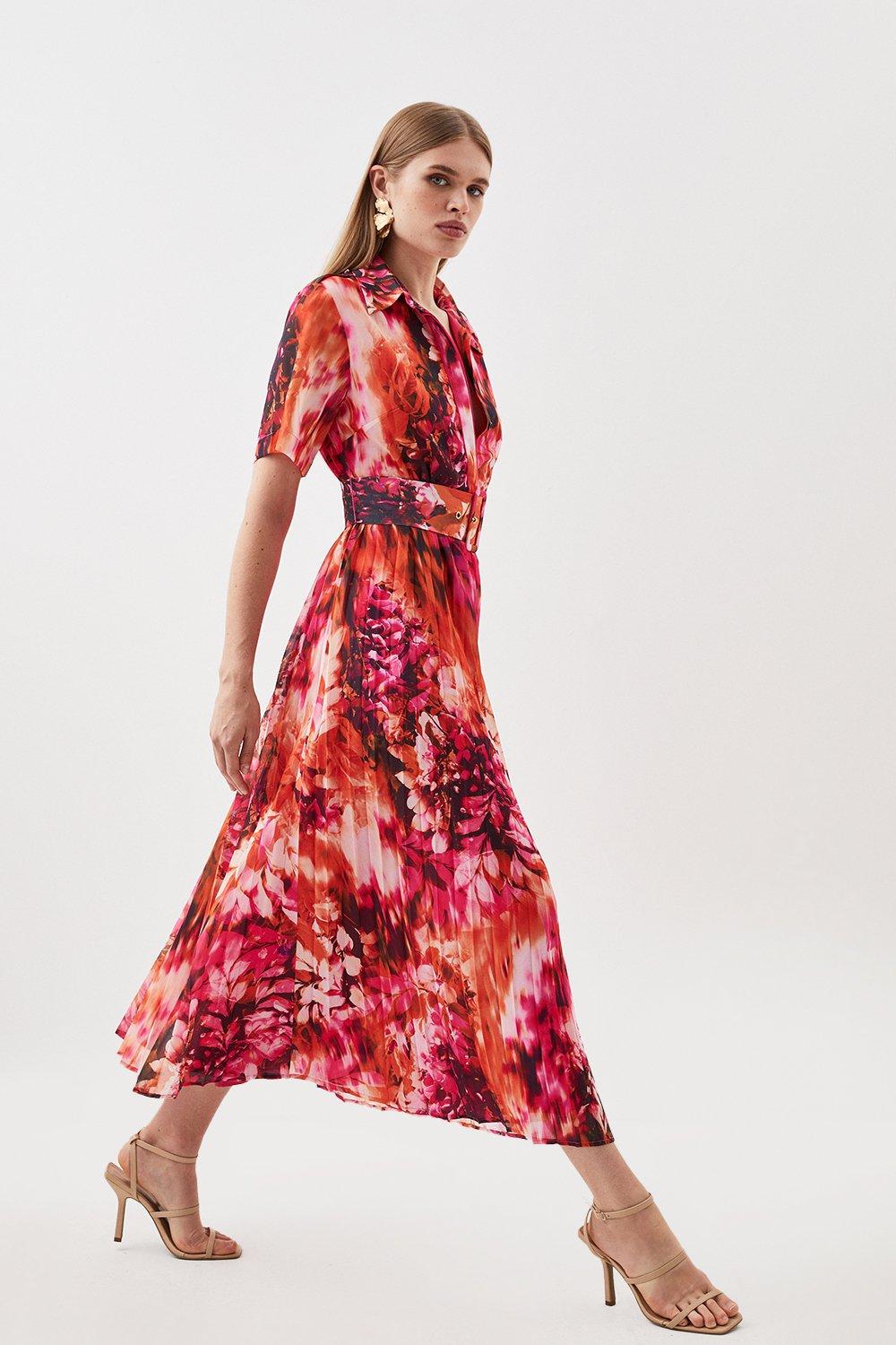 Floral Georgette Pleated Midi Shirt Dress