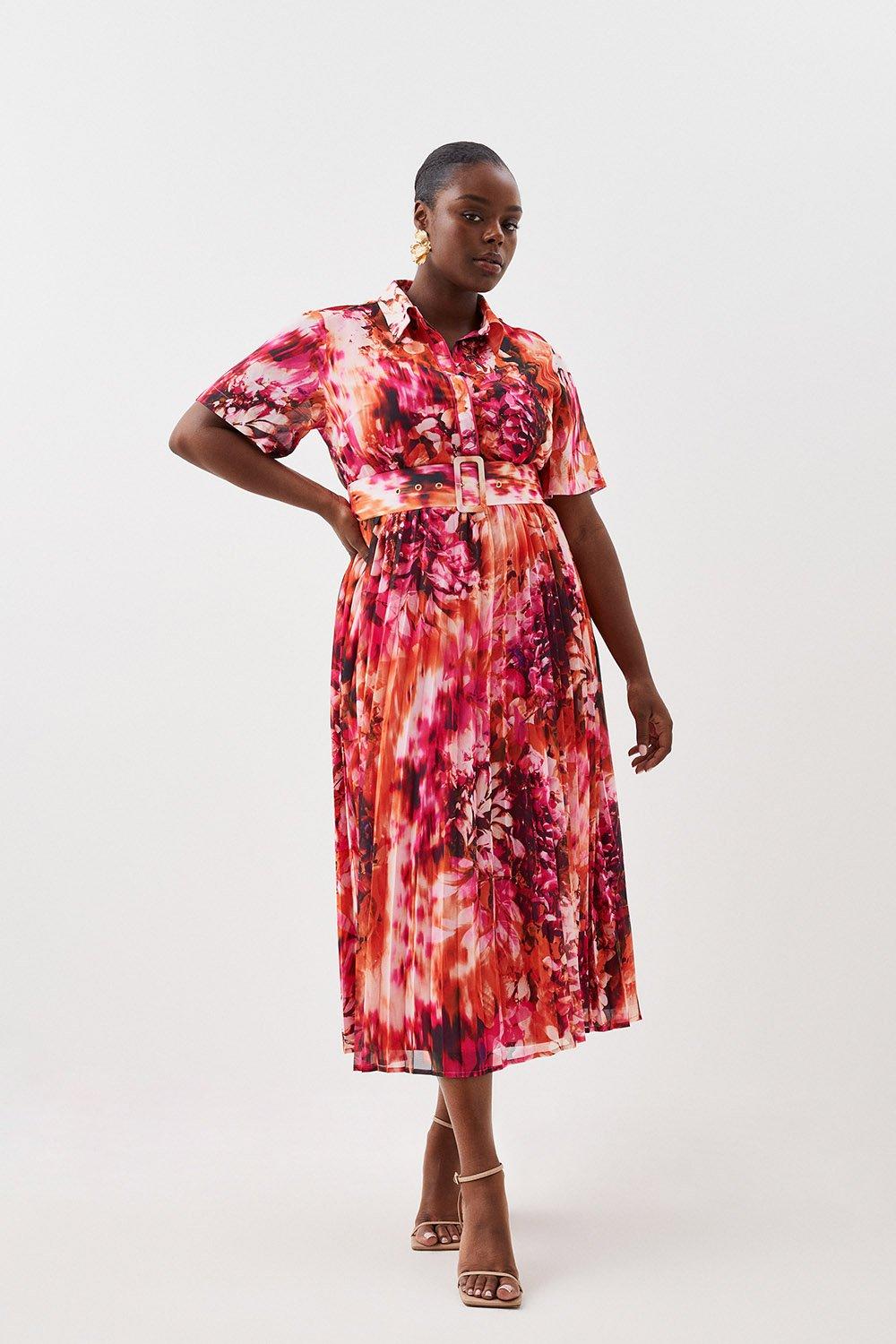 Plus Size Floral Georgette Pleated Midi Shirt Dress