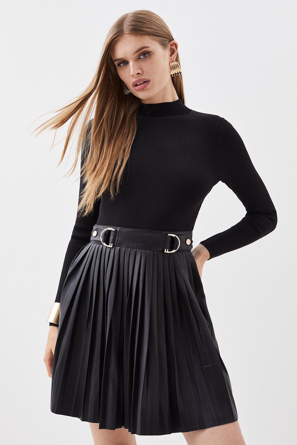 Knitted Skater Dress With Pu Detailing