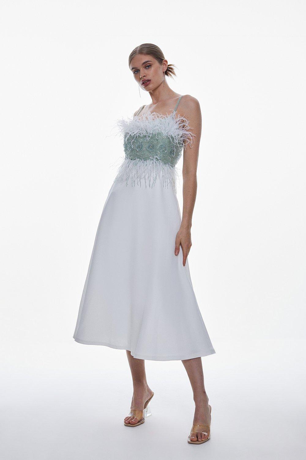 Embellished And Feather Woven Prom Midi Dress