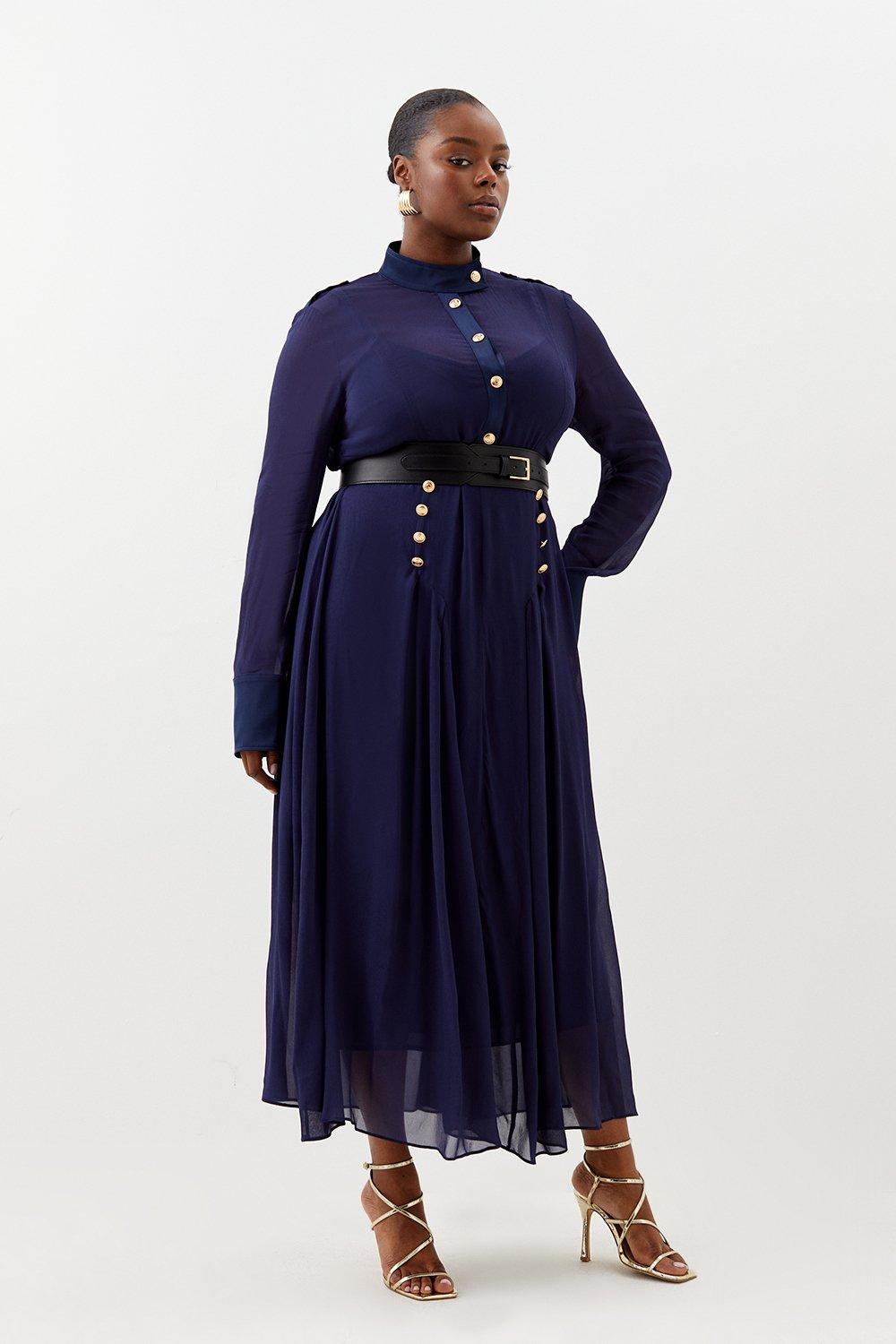 Plus Size Military Belted Sheer Woven Maxi Dress