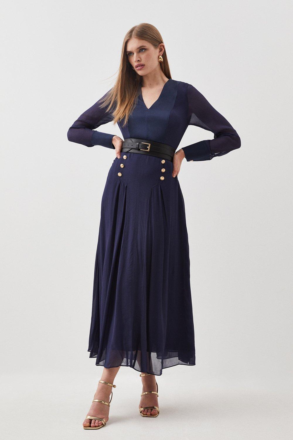 Military Belted viscose Georgette satin mix Woven Midi Dress