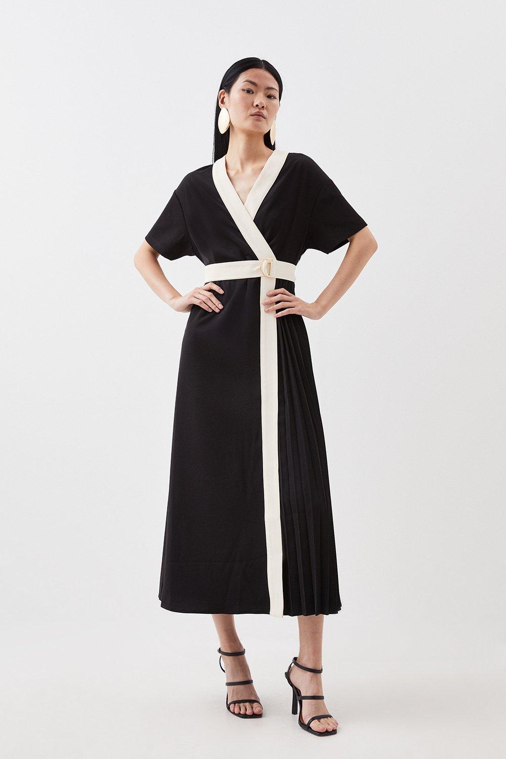 Contrast Twill Button Detail Belted Midi Dress
