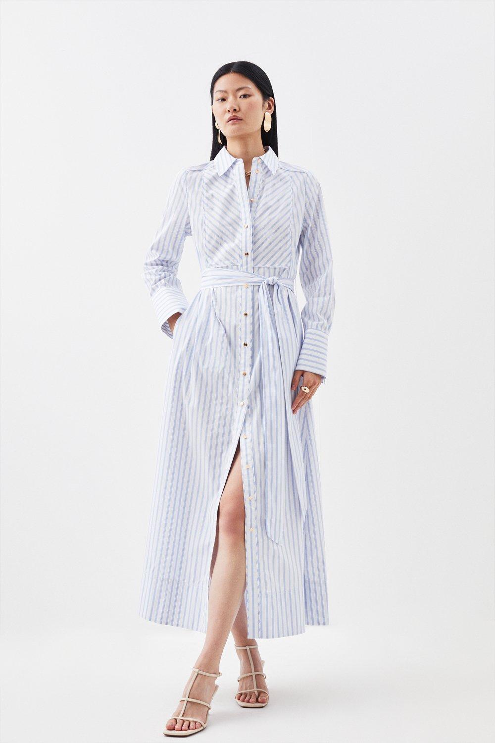 Cotton Stripe Belted Maxi Shirt Dress