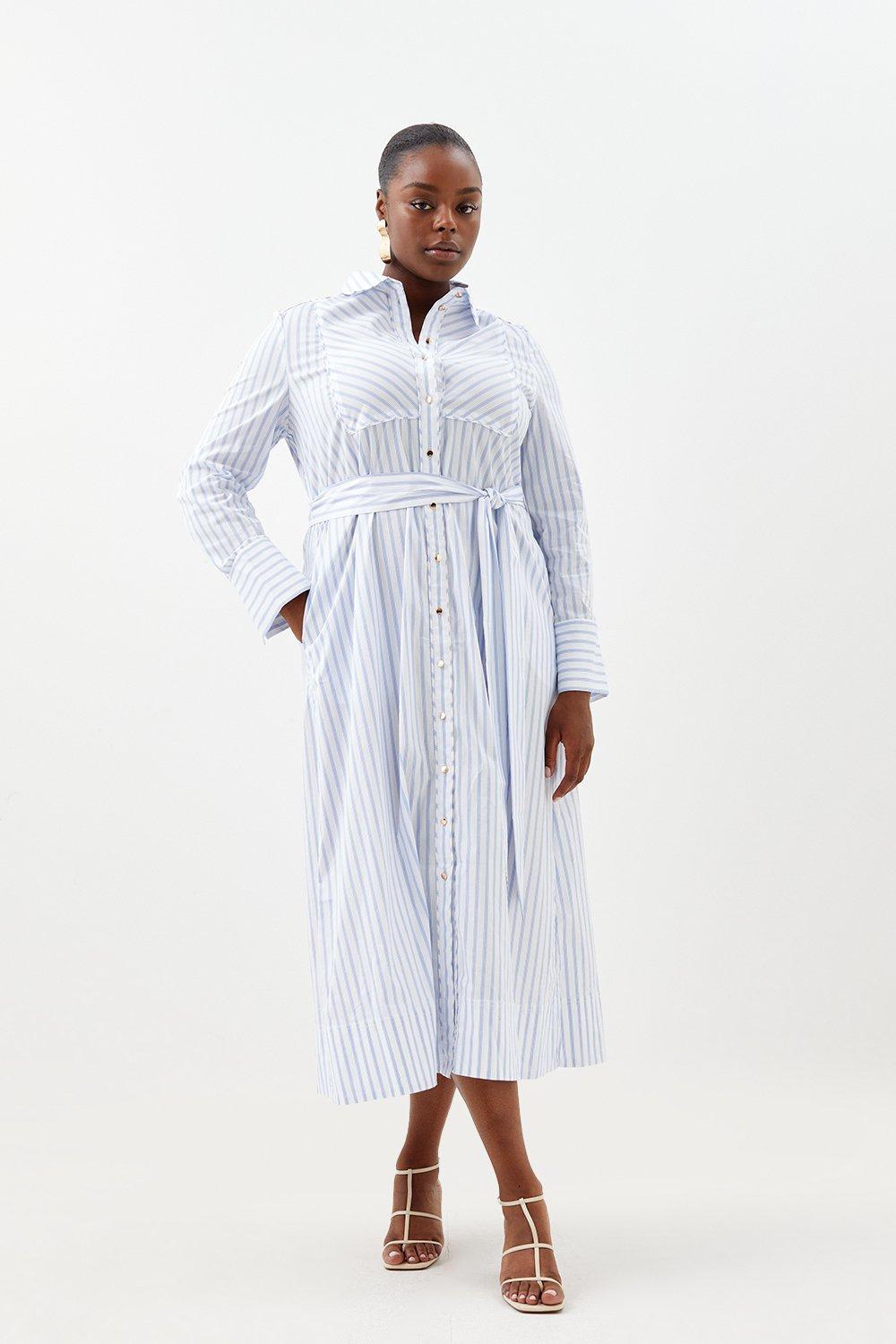 Plus Size Cotton Stripe Belted Shirt Dress