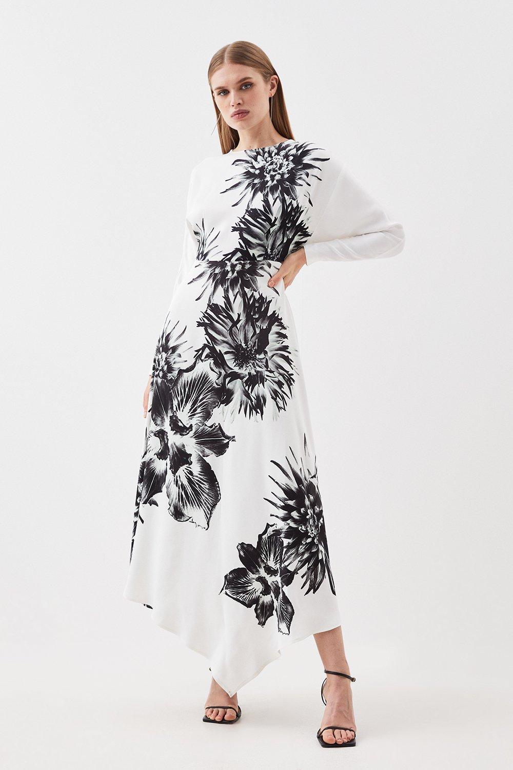 Satin Crepe Floral Long Sleeve Maxi Dress