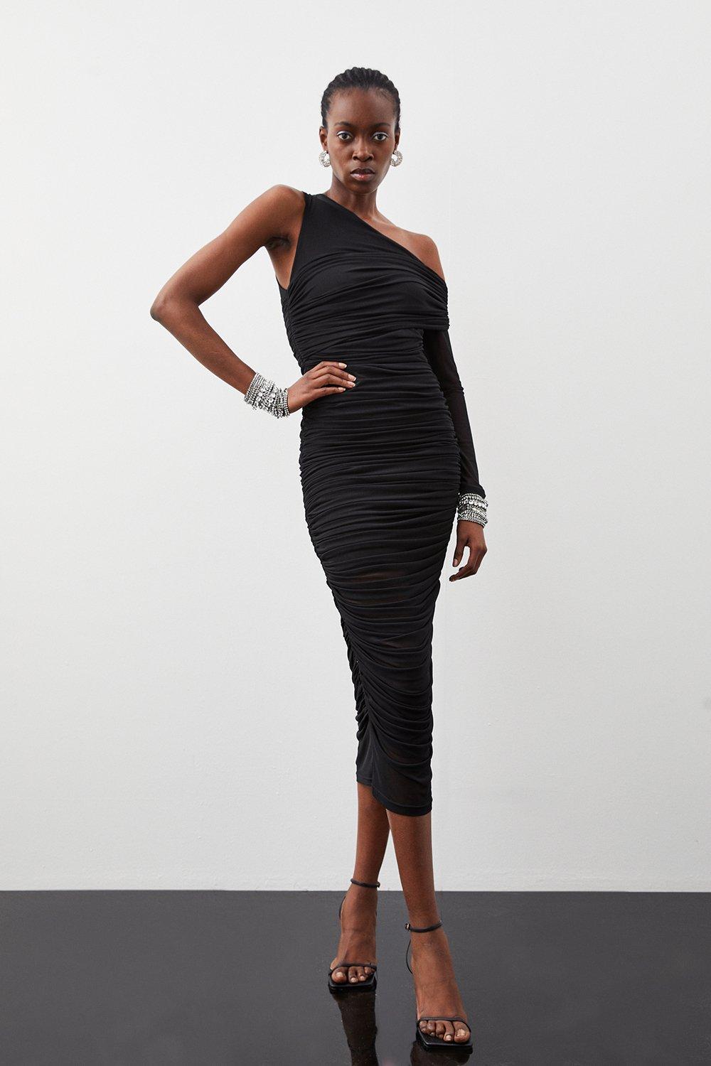 Ruched Mesh Asymetric Jersey Maxi Dress