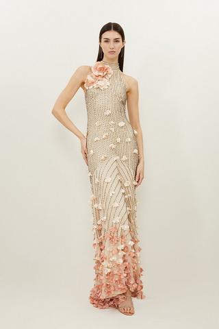 Product Floral Applique Crystal Embellished Woven Maxi Rosette Maxi Dress gold