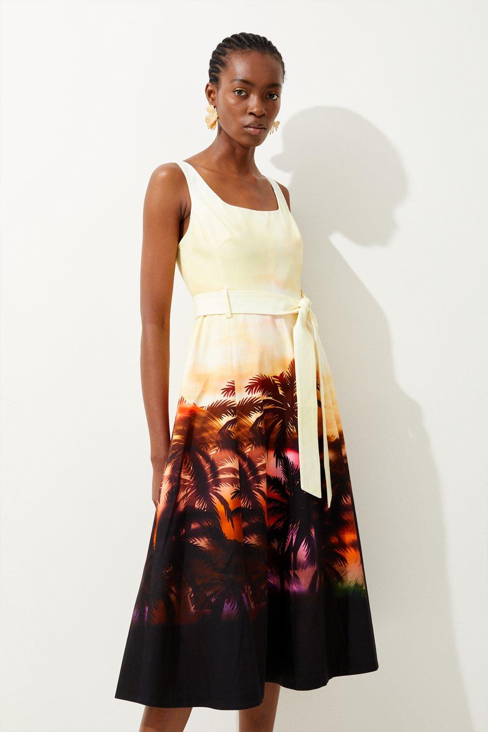 Tailored Scenic Print Sleeveless Midi Dress