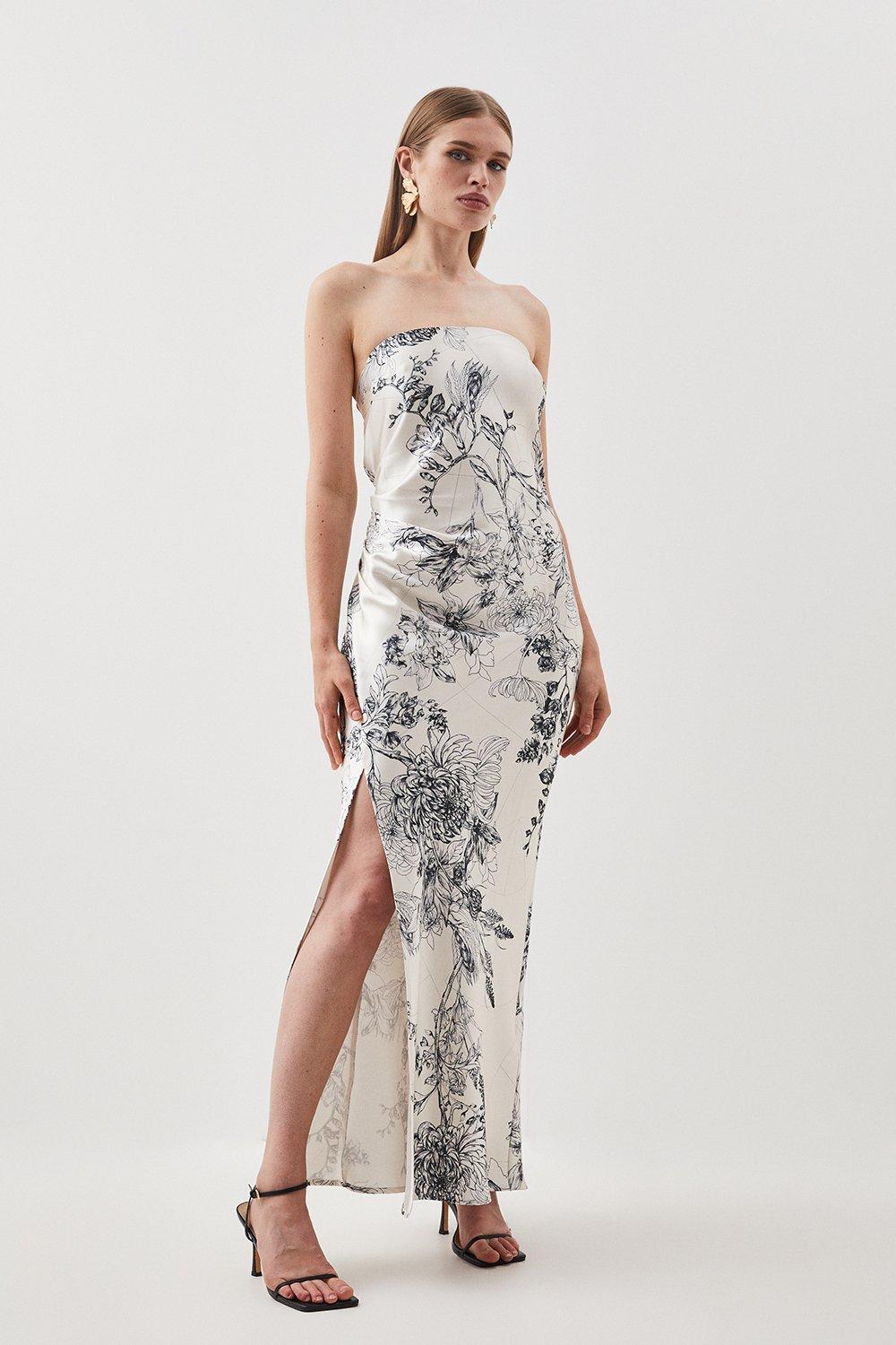 Floral Strapless Premium Satin Panelled Woven Midaxi Dress