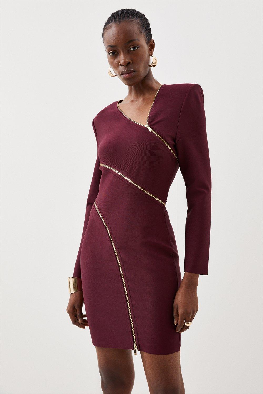 Figure Form Bandage Zip Detail Power Shoulder Mini Dress