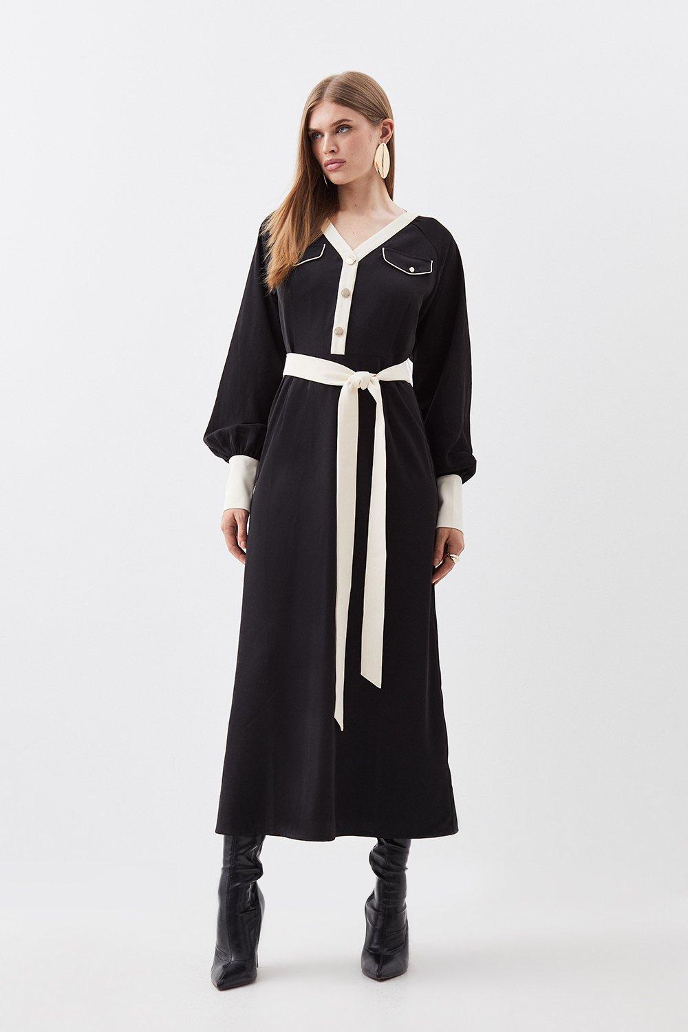 Contrast Twill Long Sleeve Belted Maxi Dress