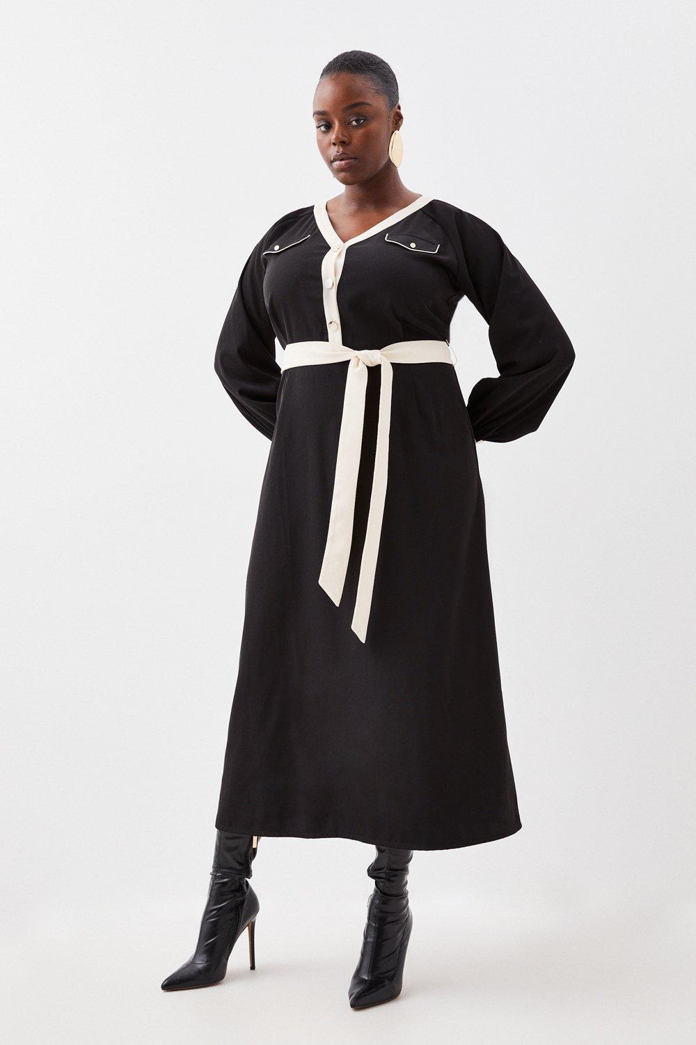 Plus Size Contrast Twill Long Sleeve Belted Maxi Dress