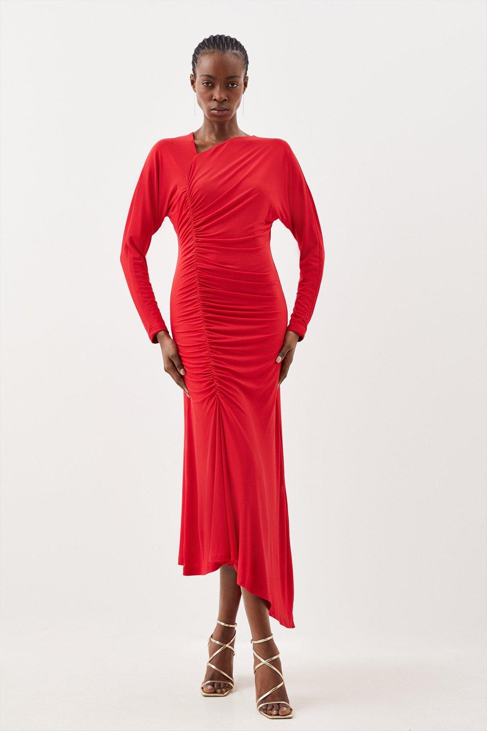 Jersey Crepe Ruched Long Sleeve Maxi Dress