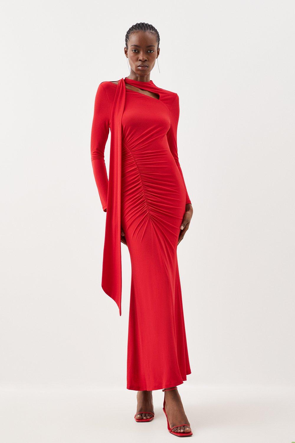 Jersey Crepe Ruched Tie Long Sleeve Maxi Dress