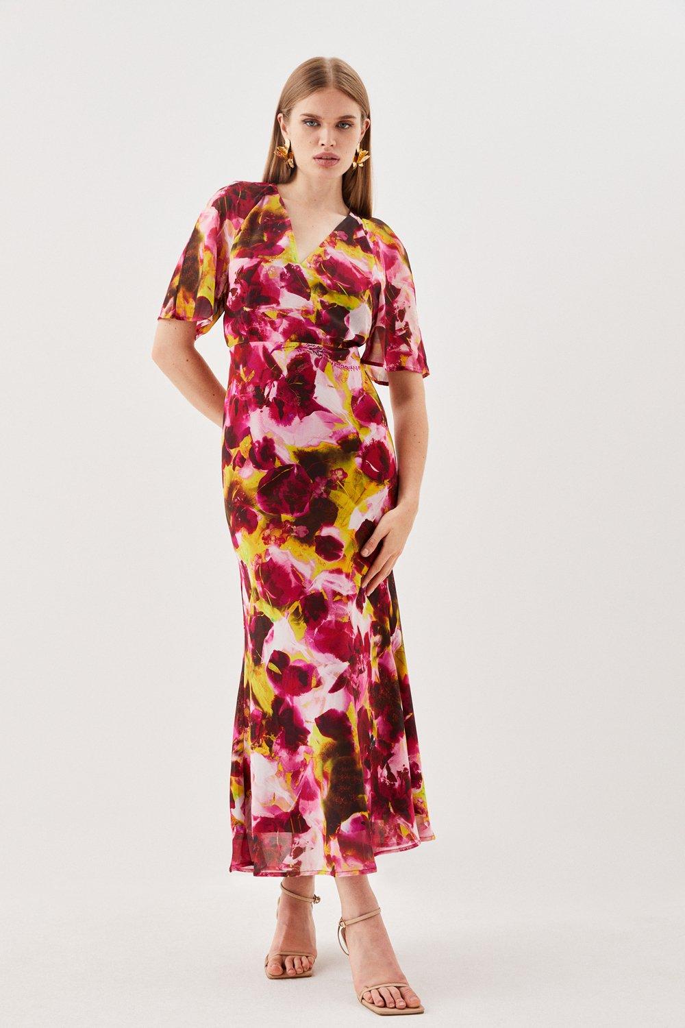 Petite Abstract Print Pleated Wide Sleeve Maxi Dress