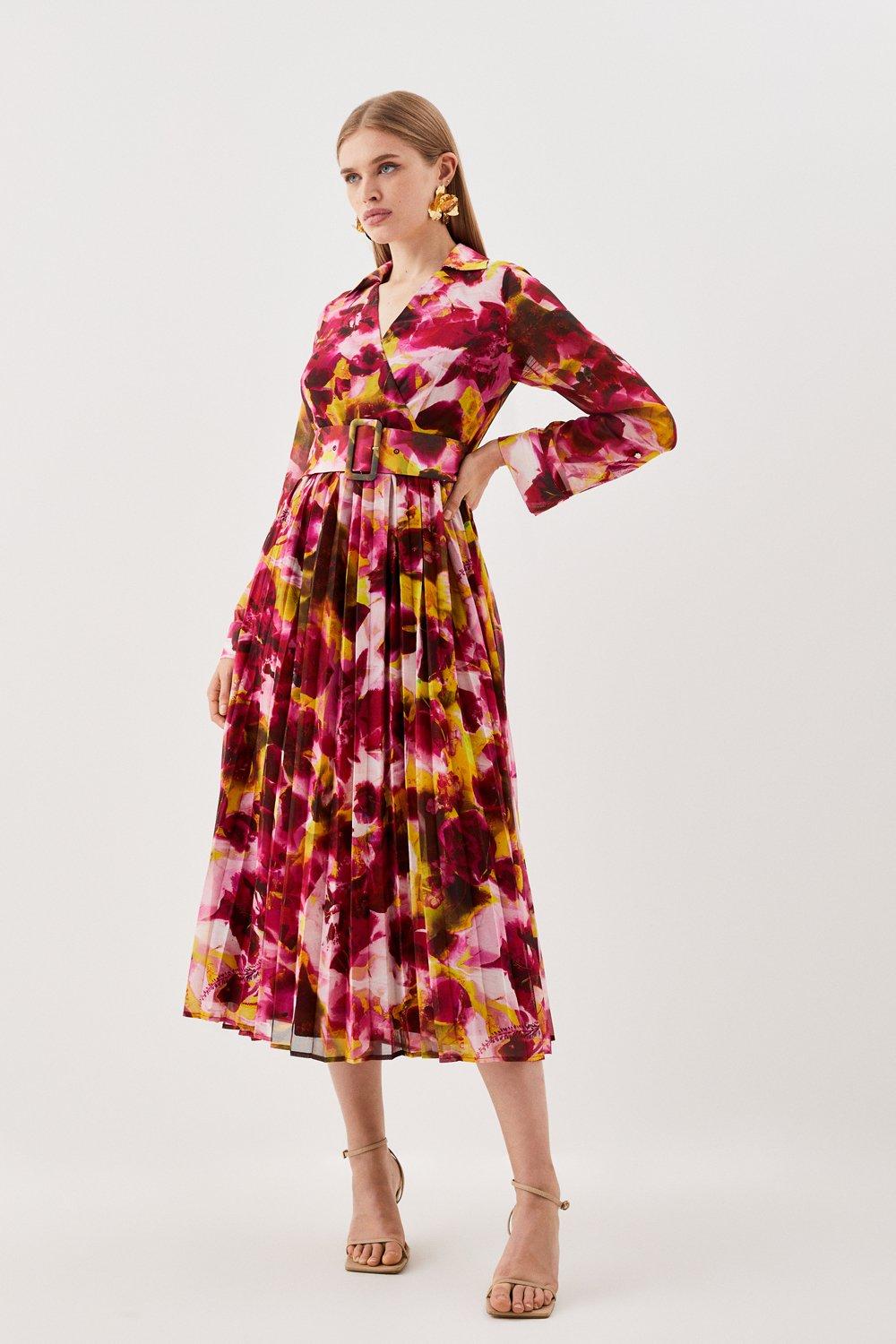 Abstract Print Pleated Collared Long Sleeve Maxi Dress