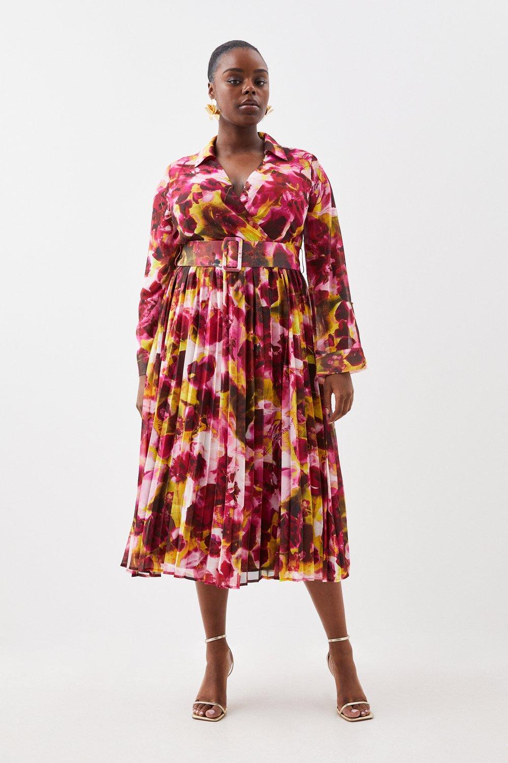 Plus Size Abstract Print Pleated Long Sleeve Maxi Dress