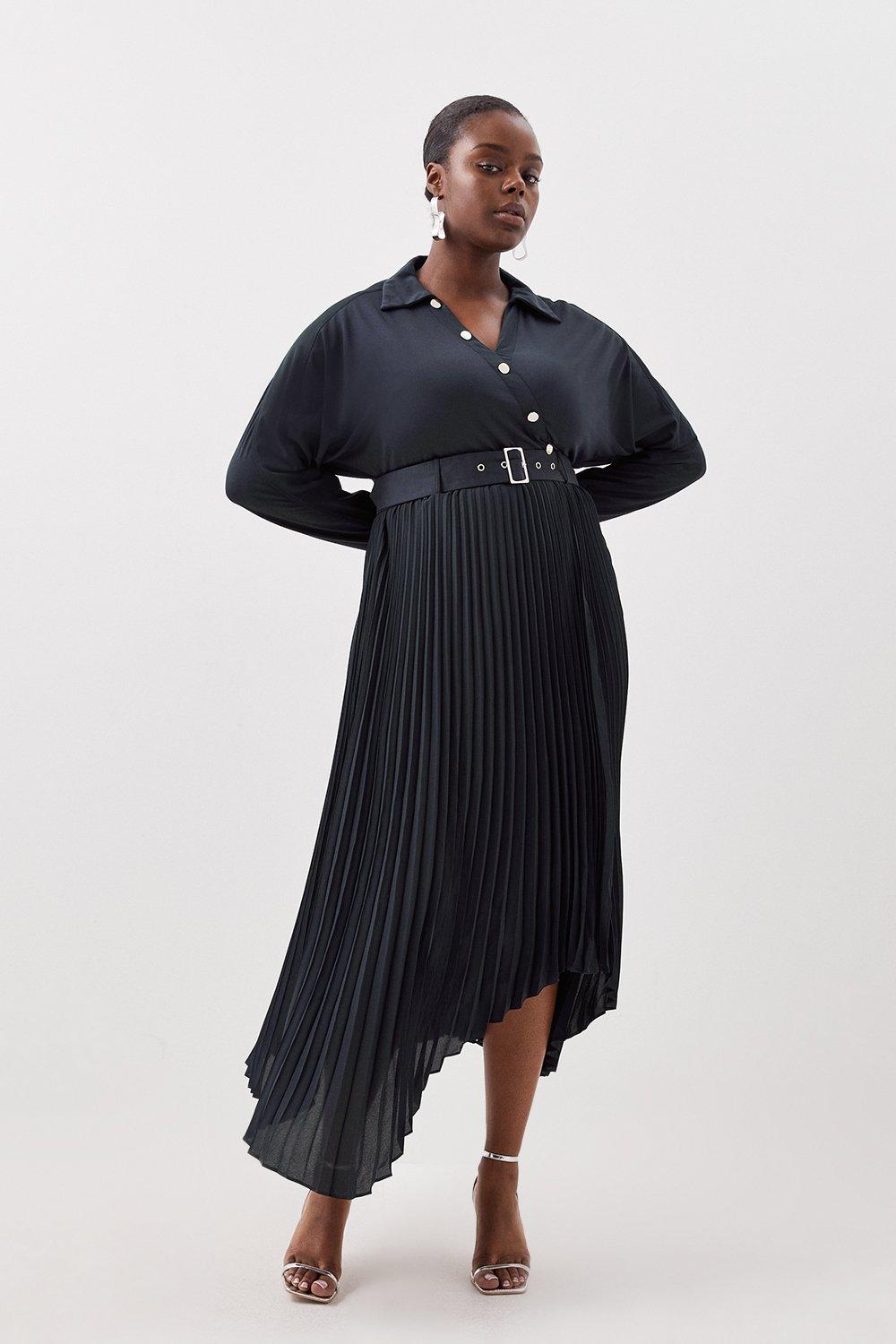 Plus Size Jersey And Georgette Mix Belted Pleat Midi Dress
