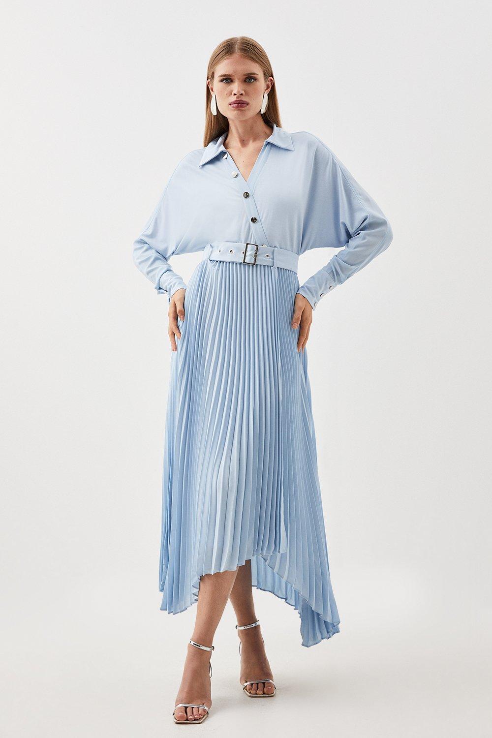 Jersey And Georgette Mix Belted Pleat Midi Dress