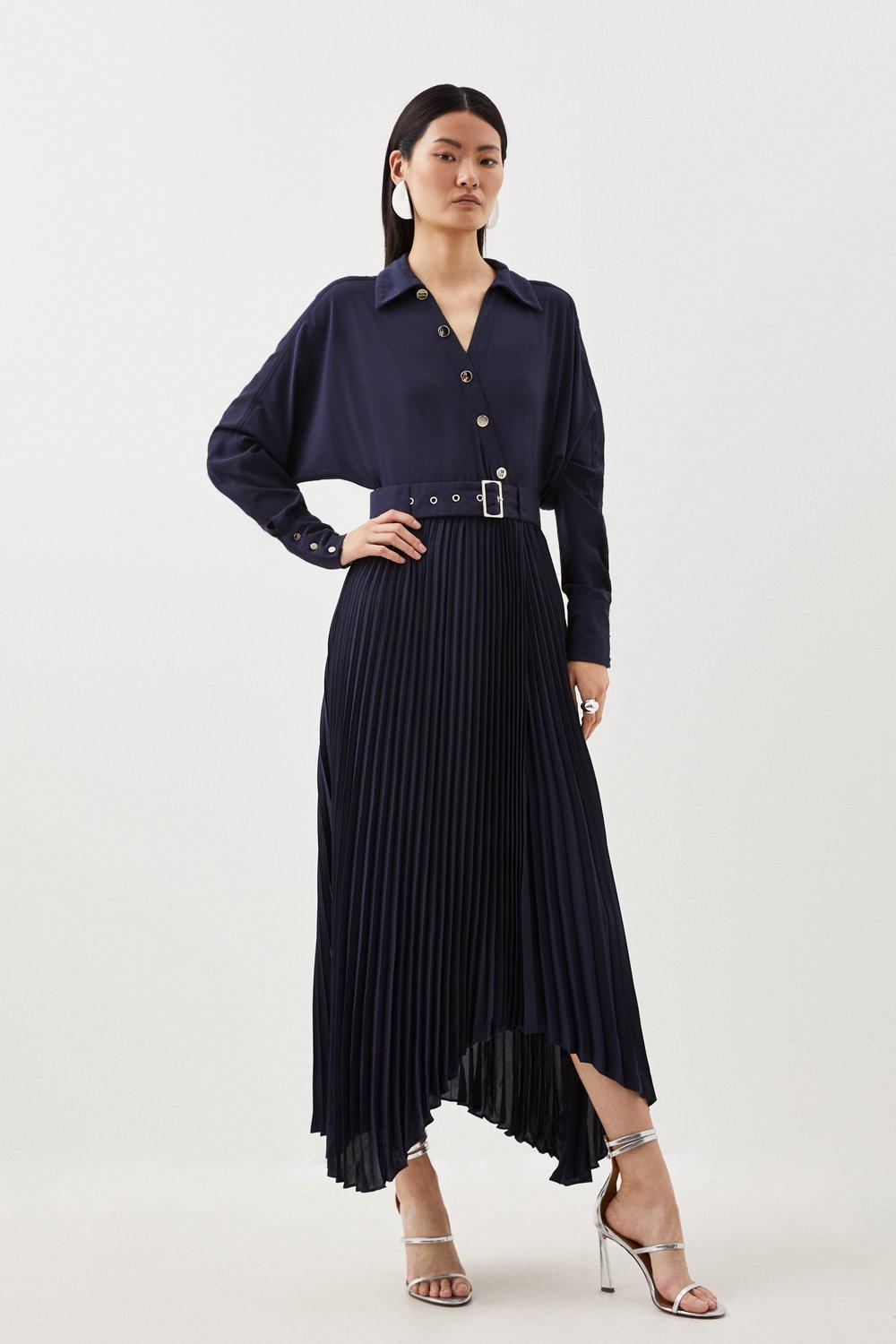 Jersey And Georgette Mix Belted Pleat Midi Dress