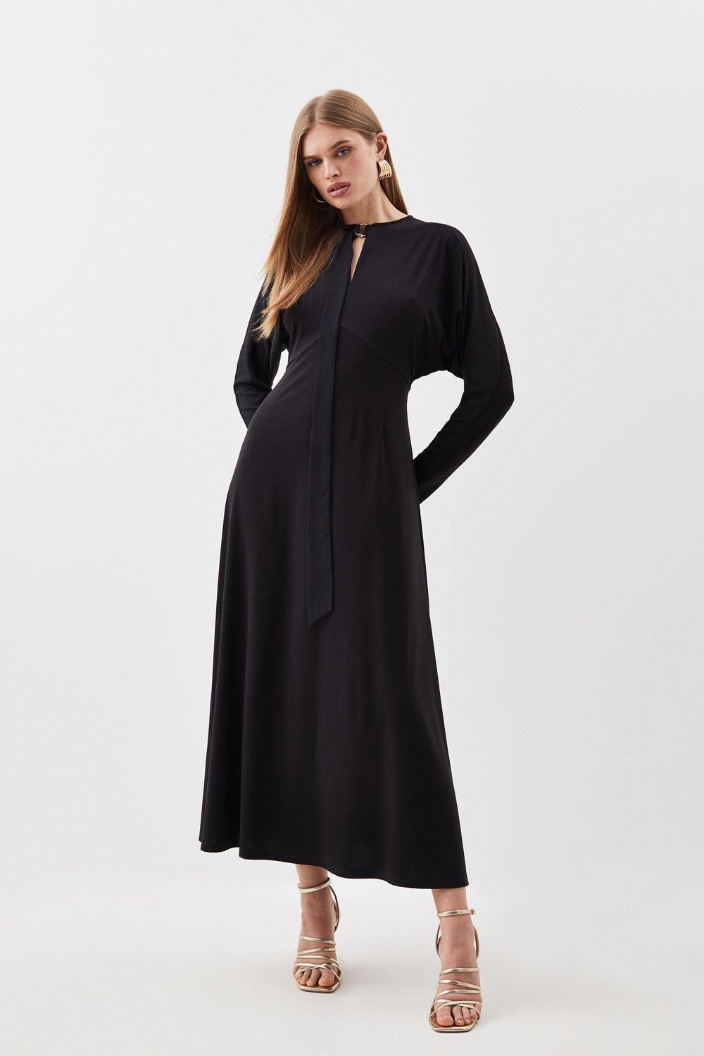 Jersey And Georgette Mix Keyhole Long Sleeve Maxi Dress