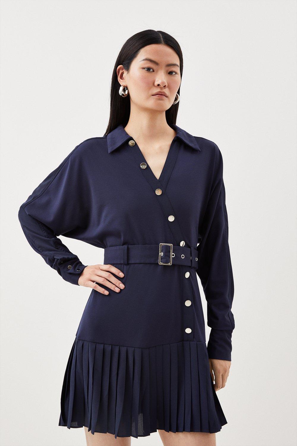 Jersey And Georgette Mix Belted Pleat Mini Dress