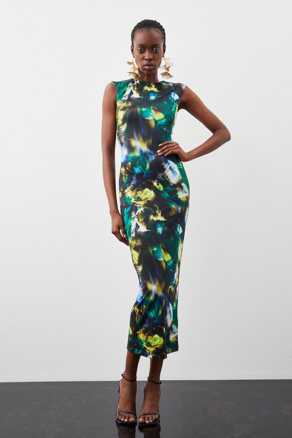 Jersey Abstract Floral Print Bodycon Midi Dress
