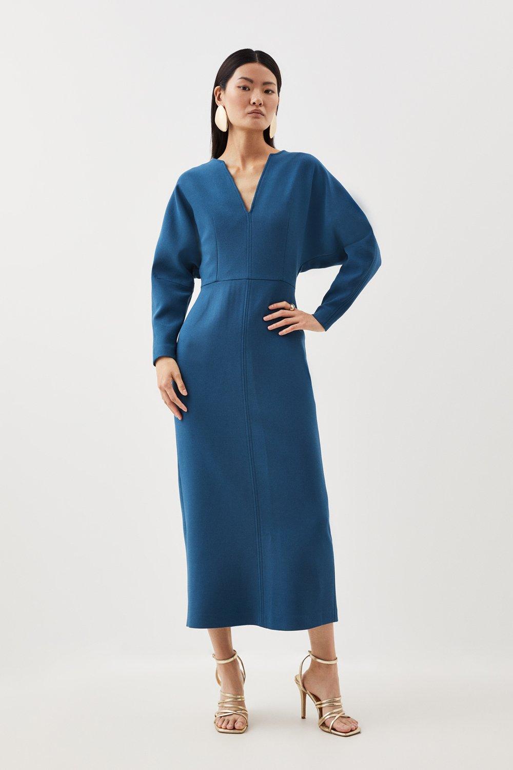 Compact Stretch Tailored Seamed Detail Rounded Sleeve Midi Dress