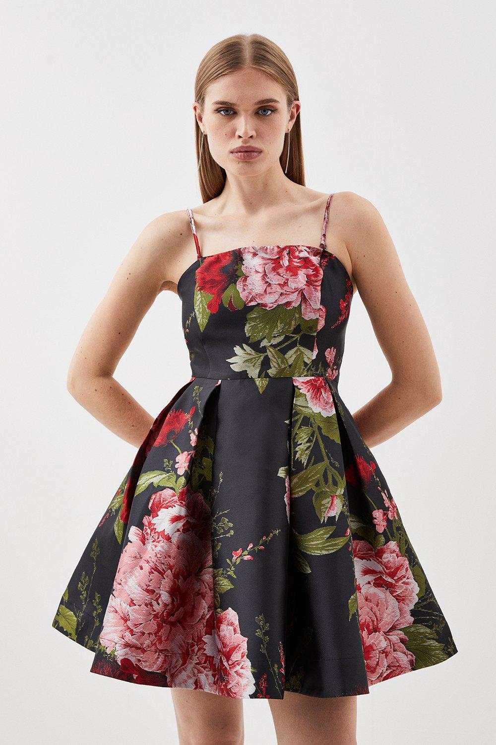 Jacquard Twill Floral Printed Strappy Mini Dress