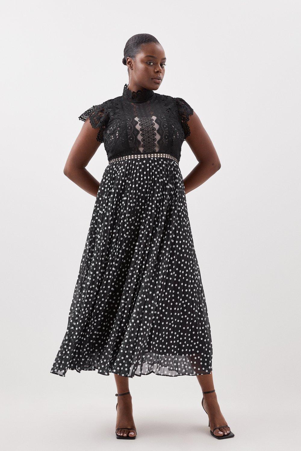 Plus Size Guipure Lace Dot Pleated Skirt Midi Dress