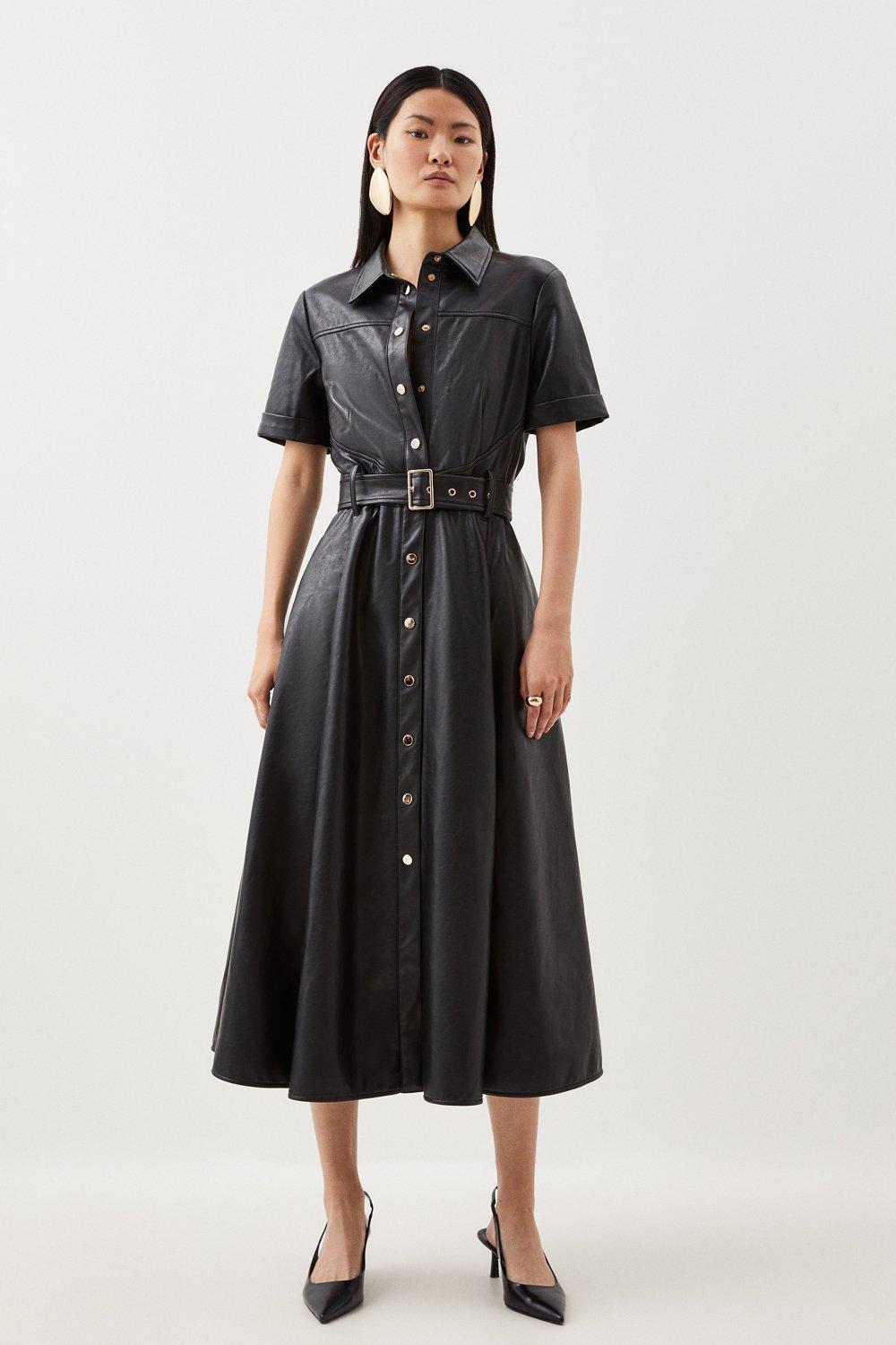 Petite Faux Leather Belted Midi Shirt Dress