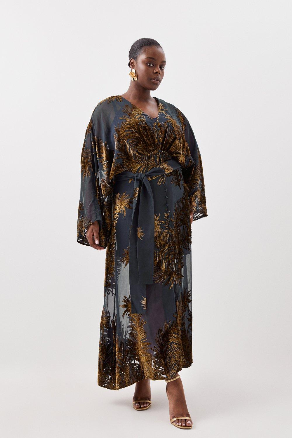 Plus Size Feather Devore Woven Kimono Maxi Dress