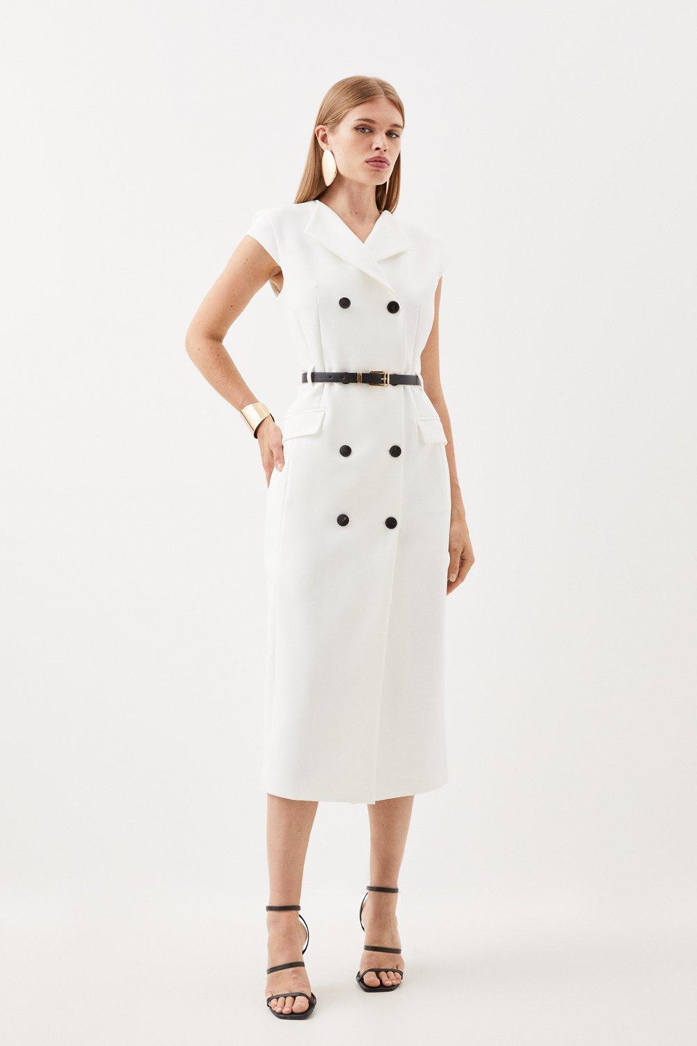 Clean Tailored Cap Sleeve Belted Midi Dress