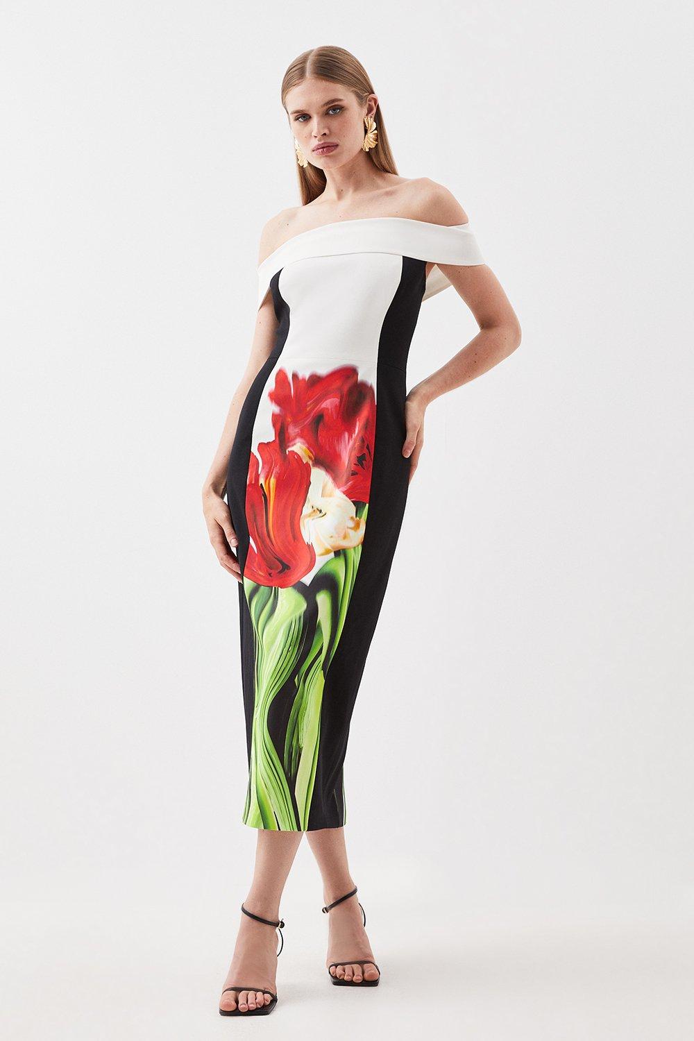 Italian Signature Stretch Bardot Blurred Floral Print Midi Dress