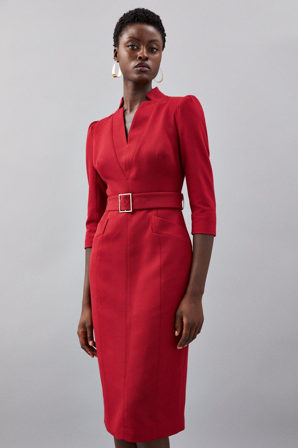 Tailored Structured Crepe Forever Belted Pencil Midi Dress
