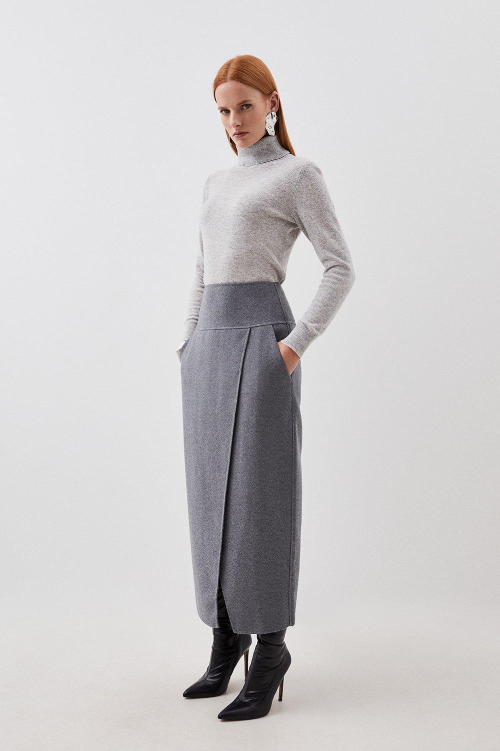 tailored double faced wool blend maxi skirt