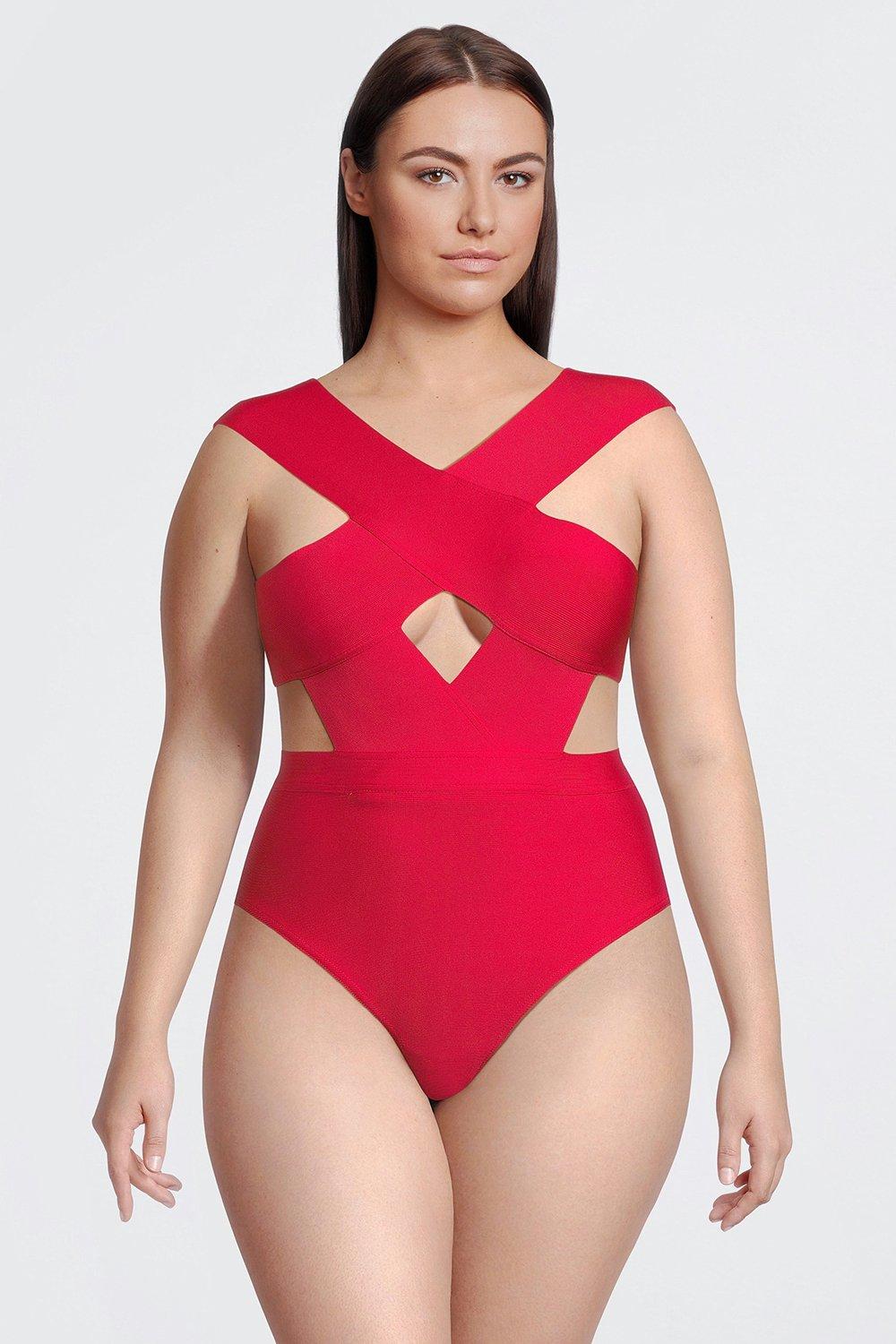 Plus Size Bandage Cross Front Cut Out Swimsuit