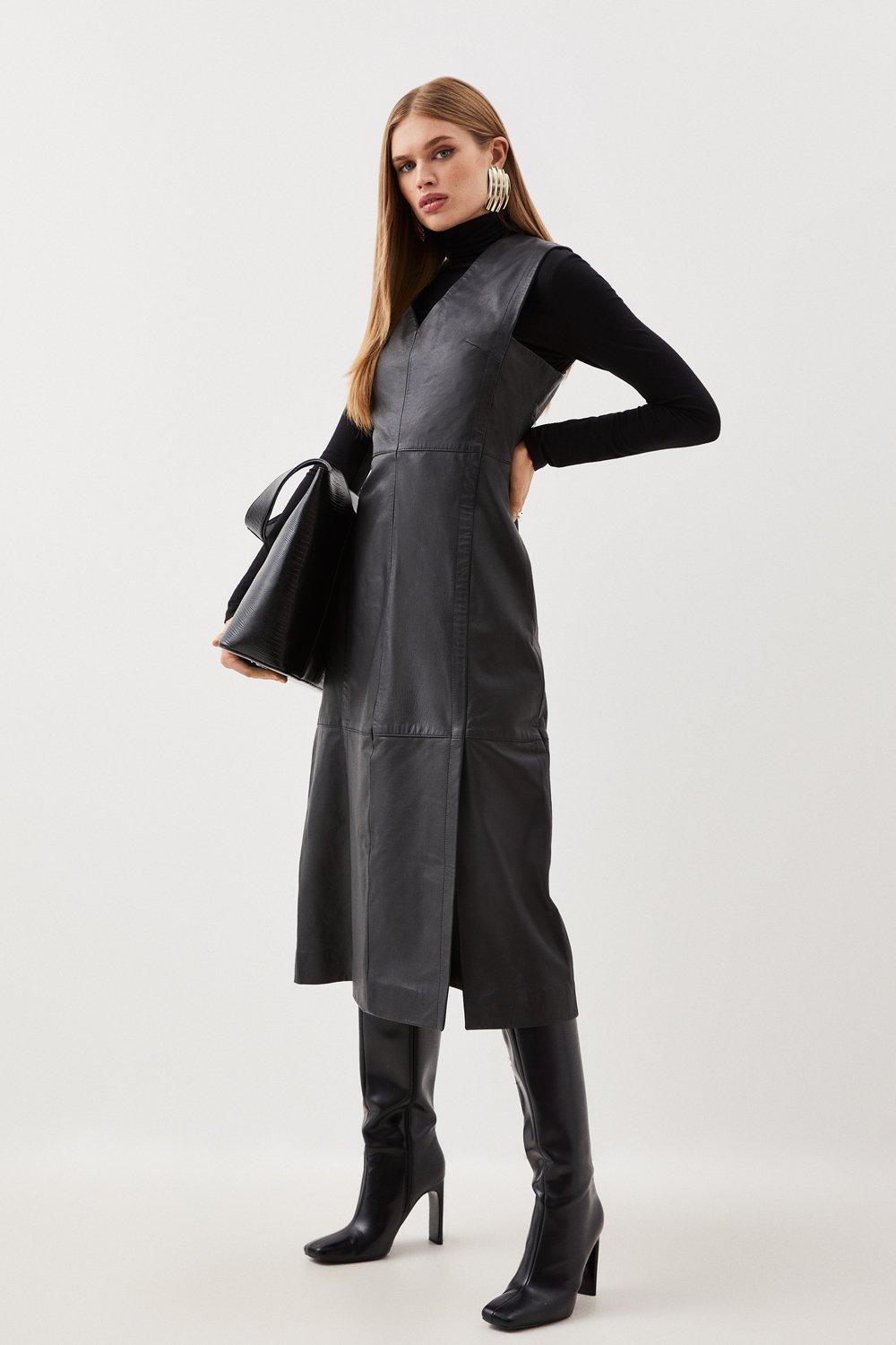 Leather Sleeveless Midi Dress - Black
