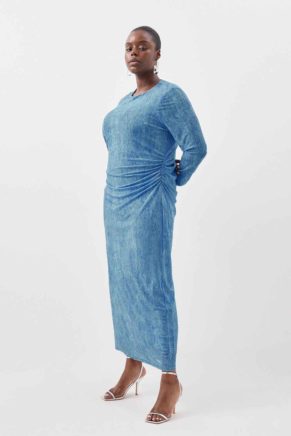Plus Size Jersey Denim Print Long Sleeve Midi Dress