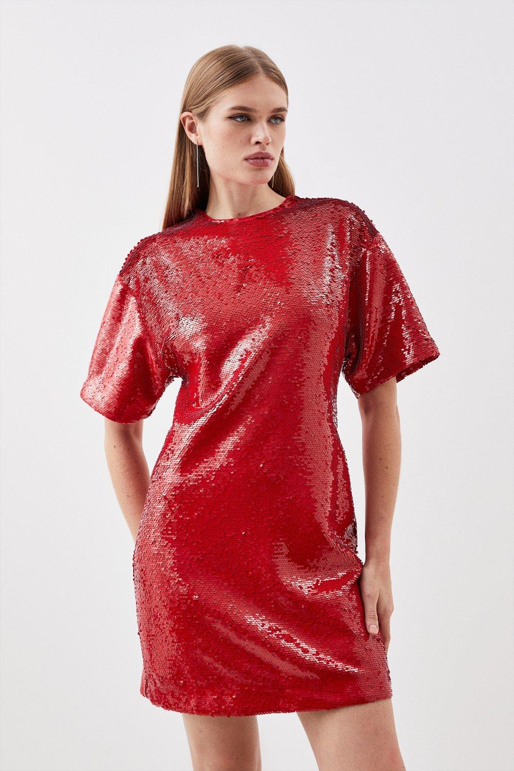 Sequin Woven Mini Dress - Red
