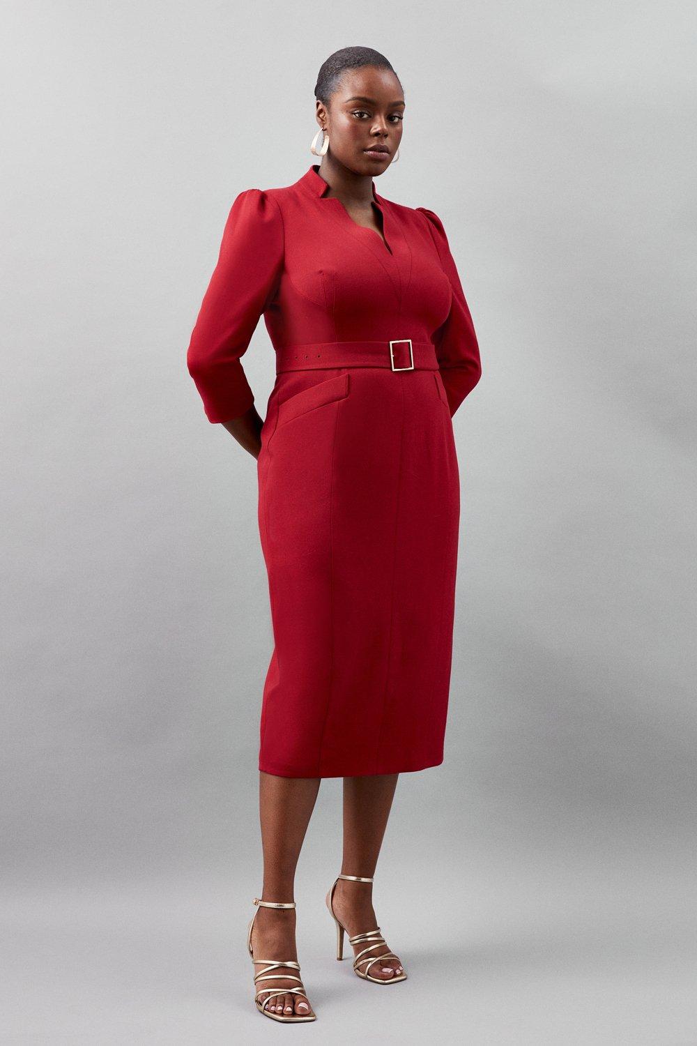 Plus Size Tailored Structured Crepe Forever Belted Pencil Midi Dress