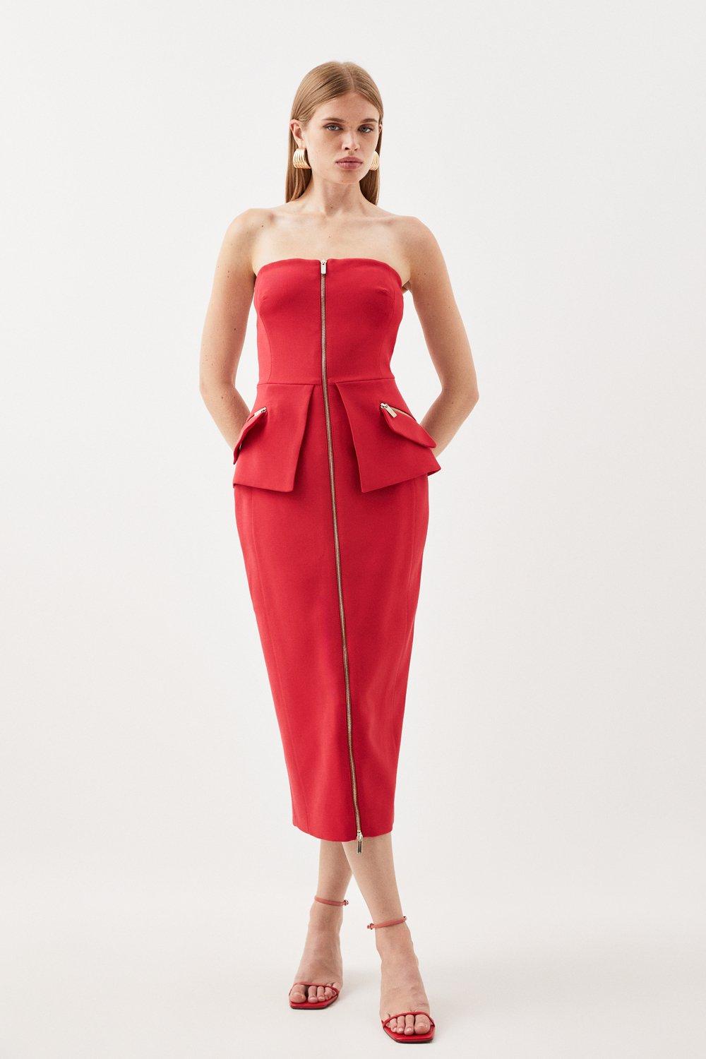 Compact Stretch Zip Pocket Detail Tailored Midi Dress