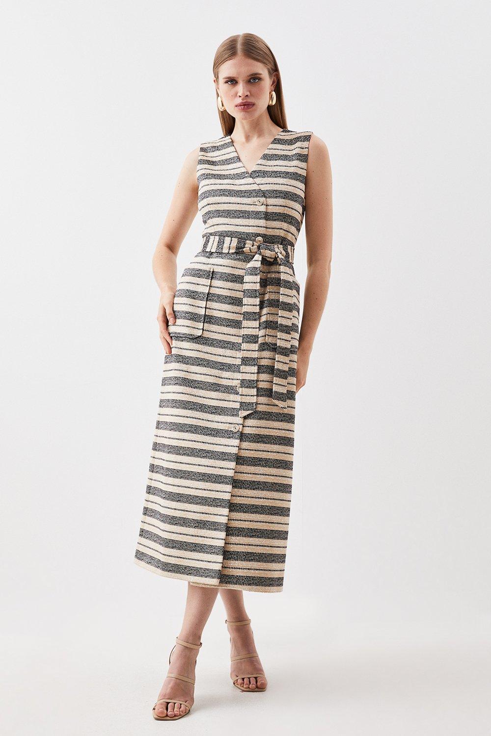 Tailored Striped Tweed Belted Sleeveless Midi Dress