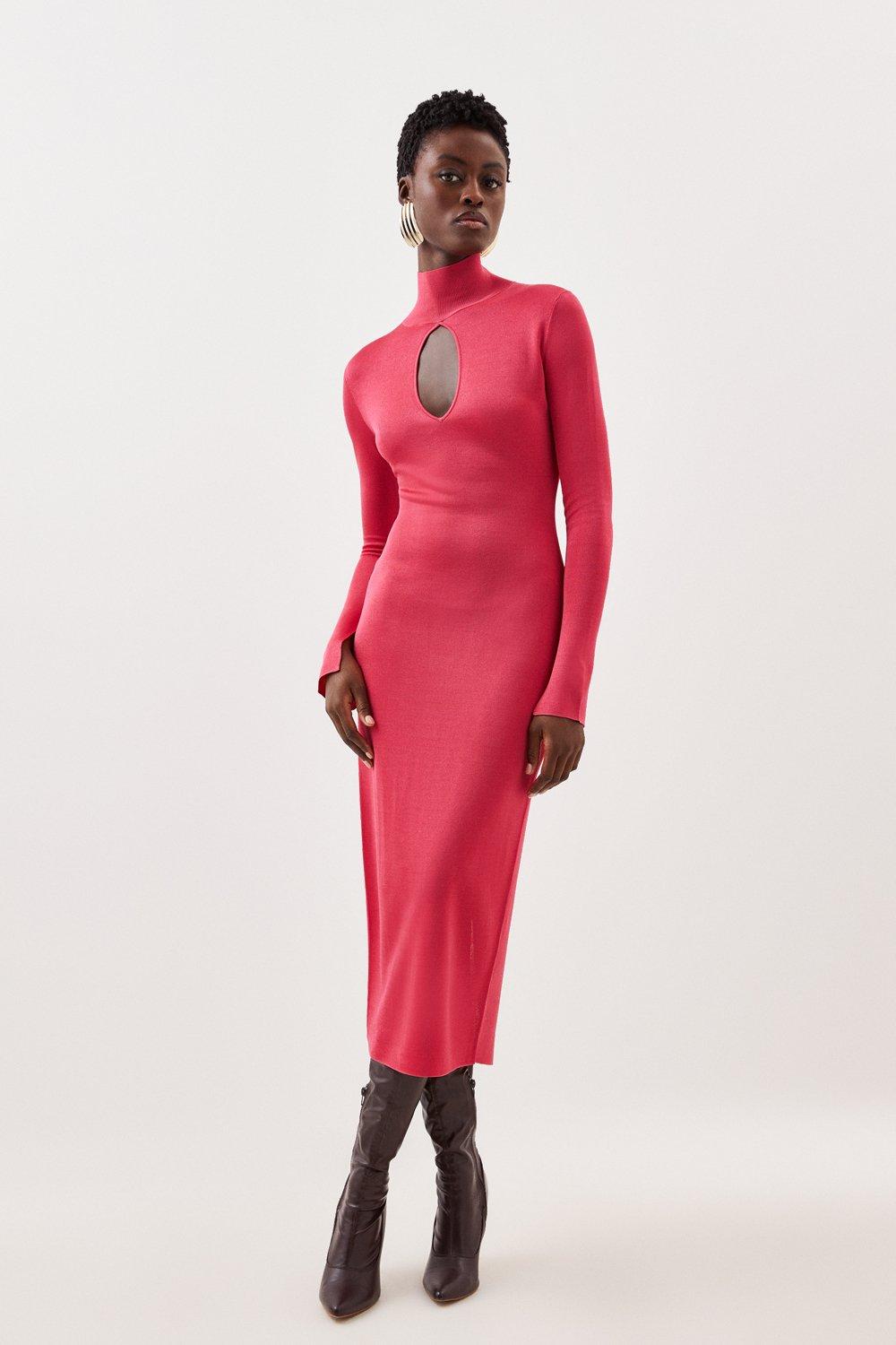 Dresses | Slinky Viscose High Neck Keyhole Knit Midi Dress | KarenMillen